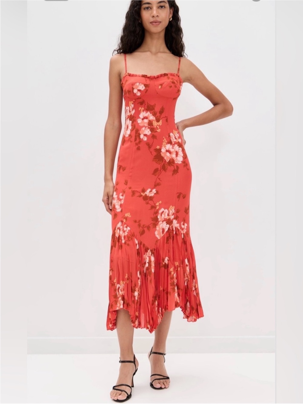 Reformation Coral Red Floral Spaghetti-Strap Midi Dress